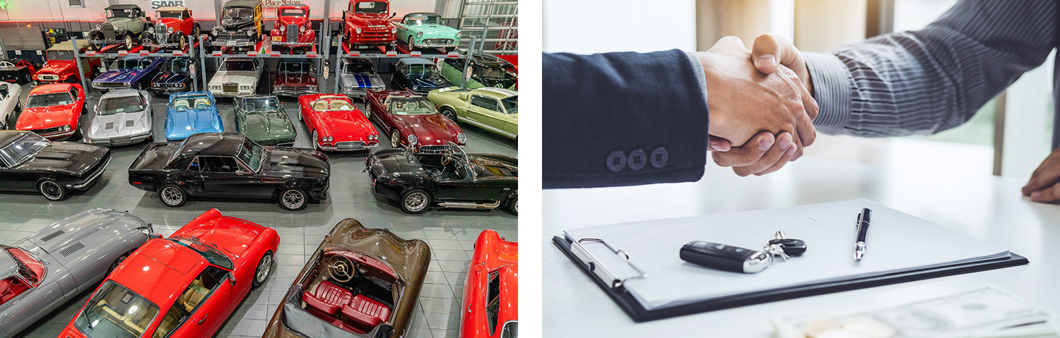 Images of luxury vehicles in a showroom and outdoors next to hands shaking.